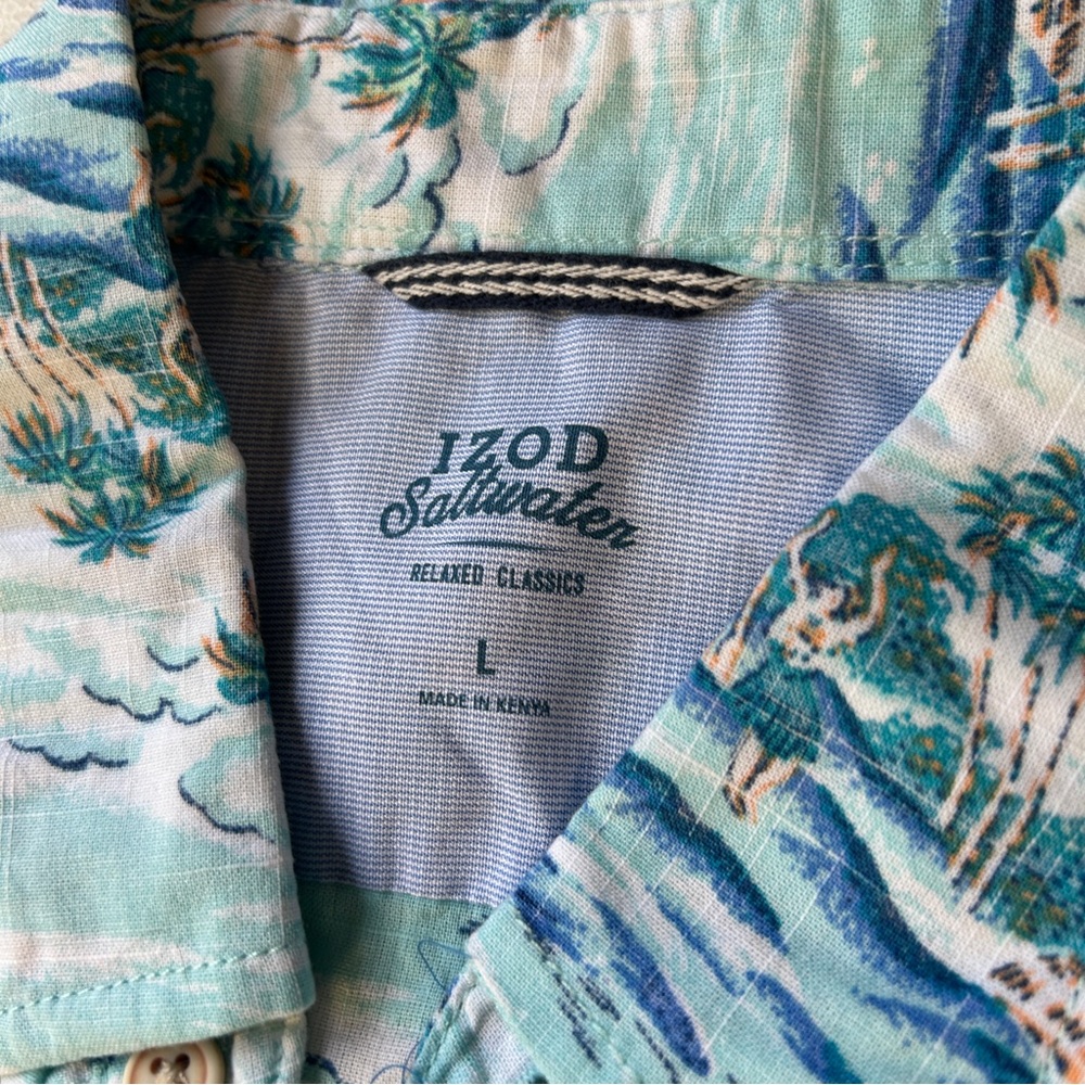 Izod Saltwater‎ Shirt Mens Large Blue Hawaiian Tropical Dockside Chambray - Picture 5 of 6